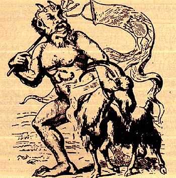 A large, devilish creature walking beside a goat.