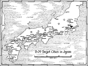 Black and white map of Honshu and the western home islands of Japan with the cities which were attacked by B-29 bombers marked