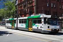 A B2 class tram in Bourke Street with a Waterfront City-bound service.