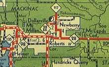 M-28 runs across from west to east with Business M-28 looping through downtown north of M-28. M-117 runs from the south to north, joining M-28 and Business M-28 through Newberry, Michigan.