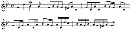 The fugue's theme (or subject), presented in musical notation of its first 4 1/2 bars