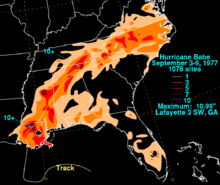 A map of rainfall in the southeastern United States. The heaviest rainfall is in southern Louisiana and a band of equally heavy rain stretches into North Carolina.