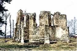 The ruined walls of a stone church