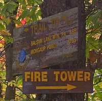 Two brown signs on a tree in closeup. The upper one is older and faded with a blue plastic marker in one corner. It gives mileages in gold letters to "Balsam Lake Mountain P.A." and Mongaup Pond, with an arrow at the top pointing to the left. The lower one is newer, with an arrow pointing to the right and the large words "FIRE TOWER".