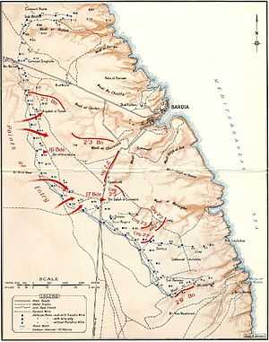 Topographic map of the Bardia fortress, indicating the location of all the Italian defensive posts and their defences. The Australian points of entry are on the western side. Posts 18 to 55, arranged on a rough line from south of Bardia to west of Bardia that is slightly curved to the south west, have been captured.