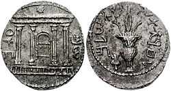 Bar-Kokhba revolt coin using Paleo-Hebrew script, showing on one side a facade of the Temple, the Ark of the Covenant within, star above; and on the other a lulav with etrog.