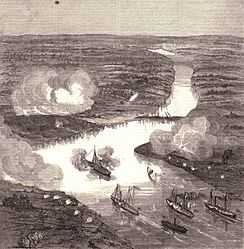 Engraving showing ships on the James River during the Battle of Drewy's Bluff
