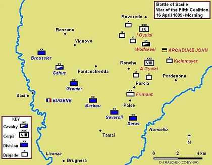 Battle of Sacile, 16 April 1809, showing morning positions