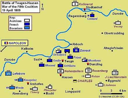 Battle of Teugen-Hausen, showing the attempt by Archduke Charles to cut off Marshal Davout