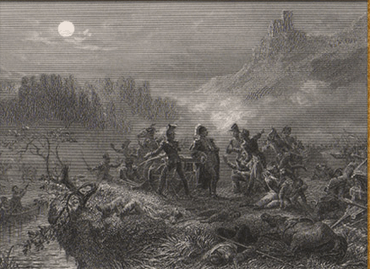 Black and white print shows several men standing around a cannon on a riverbank. Casualties are strewn about and a castle stands on a tall crag in the background.