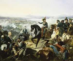 Painting of a battle featuring a man on horseback in the center. In the distance is a city on a lake.
