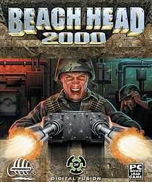 A helmeted soldier firing a large mounted gun from inside a fortification, in the background another helmeted soldier covers his ears, the title "Beach Head 2000" is above in large block letters