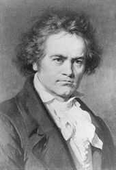 Black-and-white portrait of Ludwig van Beethoven, looking to the viewer's right.