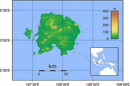 Map of Belitung Island showing the wreck site marked just off the north-west coast
