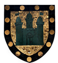 The towns coat of arms, a castle surrounded by 13 solid gold circles or heraldic bezants.