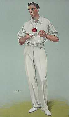A caricature of a cricketer with a ball in his hand