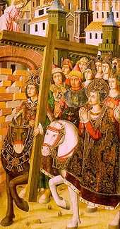 King Heraclius triumphantly returns the Holy Cross to Jerusalem on a brown horse accompanied by a host of figures both laypeople, clergy, and women. Saint Helena is prominently but anachronistically depicted on a white horse. An angel looks on above.