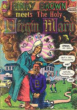 A comic book cover.  The Virgin Mary stands over a kneeling boy who covers his groin with his hands.