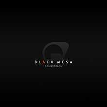 The words "Black Mesa Soundtrack" on top of a dark grey Black Mesa Facility symbol on a black field.