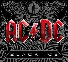 In the forefront, the logo for AC/DC in red letters, and under it a quadrilateral with "Black Ice" in white letters. In the background, a mosaic with tribal motifs, drawings of horns, wings, a man in a straitjacket, and a guitarist inside a cog.