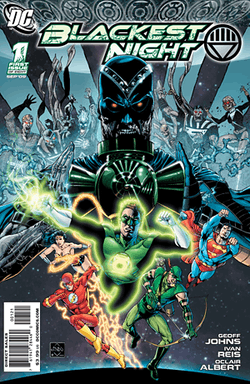 A masked man in green and black bearing a glowing green ring leads four other comic superheros, one of whom is Superman. Behind them and much larger is the top half of a sinister black humanoid holding a dark green lantern, and behind him in the distance is a host of comic villains. "BLACKEST NIGHT" is at the top and "DC" at top left.