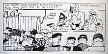 A comics panel.  An armed group on a platform to the upper right point their pistols at a larger group that fills the lower portion of the panel.  A male in the centre of the armed group says in a speech balloon: "All those who oppose this list raise their hands!  Now, who says 'No' to this list?"  A boy and a dog can be seen peering over a fence in the background to the far left.  A question mark hovers over the boy's head.