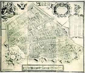 Drawing of the layout of a city, showing medieval walls and a star fortress.