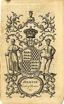 A bookplate showing the coat of arms for Bertie, Duke of Ancaster