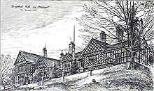 A sketch of the exterior of the side of a large building atop a hill with a tree in the foreground.