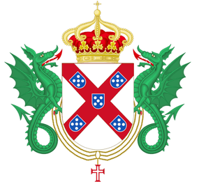 Crowned coat of arms of the house of Braganza supported by 2 dragons