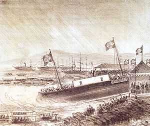 Lithograph depicting a harbor scene with crowds in grandstands, along the shore and in boats watching the launching of a ship