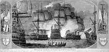 Two sailing vessels bracket another ship, each firing smoke into the central vessel. Two more ships are partially visible in the foreground and the scene is bordered by piled guns and standards.