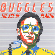 A cartoon version of Trevor Horn. On top of it is the red text "Buggles The Age of Plastic," as well as some of the names of the tracks included on the album.