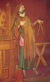 Painting of William Burges holding a measuring device