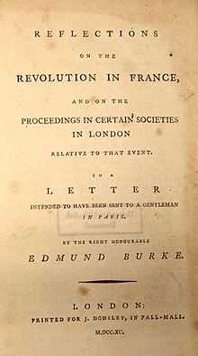 Page reads "Reflections on the Revolution in France, and on the Proceedings in Certain Societies in London Relative to that Event. In a Letter Intended to have been sent to a Gentleman in Paris. By the Right Honourable Edmund Burke. London: Printed for J. Dodsley, in Pall-Mall. M.DCC.XC."