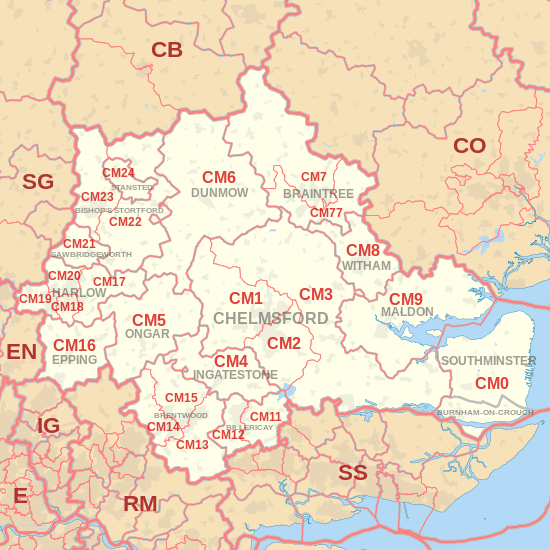 CM postcode area map, showing postcode districts, post towns and neighbouring postcode areas.