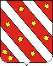 A red shield bearing 3 white diagonal stripes between which are arranged 9 yellow, 6-pointed stars