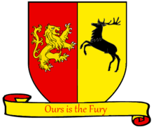 A coat of arms showing a gold on red lion and a black on gold crowned stag combatant.