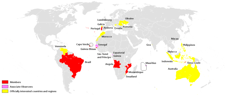 A cylindrical projection of the world, highlighting the member states of the CPLC (red), officially interested countries and regions in CPLC (yellow)