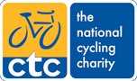 CTC's logo.  A yellow and blue drawing of a cycle above the text "CTC" and to the left of "the national cycling charity".