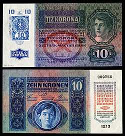 Republic of Czechoslovakia 10 Korun note (1919, provisional and first issue).