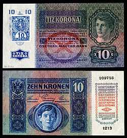 Austrian banknote with 10 Kčs stamp