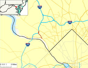 A map of southern Montgomery County, Maryland showing major roads.  Cabin John Parkway runs from the Clara Barton Parkway to I-495.
