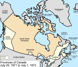 Map of the country of Canada on July 20, 1871, depicting the postage stamp sized province of Manitoba along with the provinces of Ontario (southern portion only), Quebec, New Brunswick, British Columbia and Nova Scotia in the colour white Northwest Territories which comprises the lands draining into Hudson Bay and are depicted in the colour pink. The area called Newfoundland, Labrador, Alaska, and the northerly Islands are depicted in bluish grey colour, and are not a part of Canada.