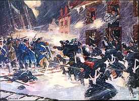 In this street battle scene, blue-coated American and British troops face each other in a snowstorm. The high city walls are visible in the background to the left, and men fire from second-story windows of buildings lining the narrow lane.  A body and scaling ladders lie in blood-stained snow in the foreground.