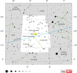 Diagram showing star positions and boundaries of the constellation of Cancer and its surroundings
