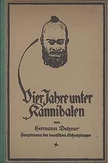 Book illustration showing a man with facial hair and a top knot in the middle of his head. The title is "Vier Jahre unter Kannibalen".