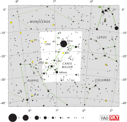 Diagram showing star positions and boundaries of the Canis Major constellation and its surroundings