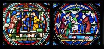 Round sections of two stained glass windows both show a scene of a person kneeling at an altar while onlookers talk. The number of onlookers, small details and colour schemes are different.