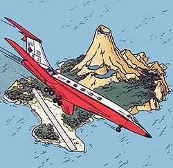 Drawing of a sleek jet as it flies over an island visible below